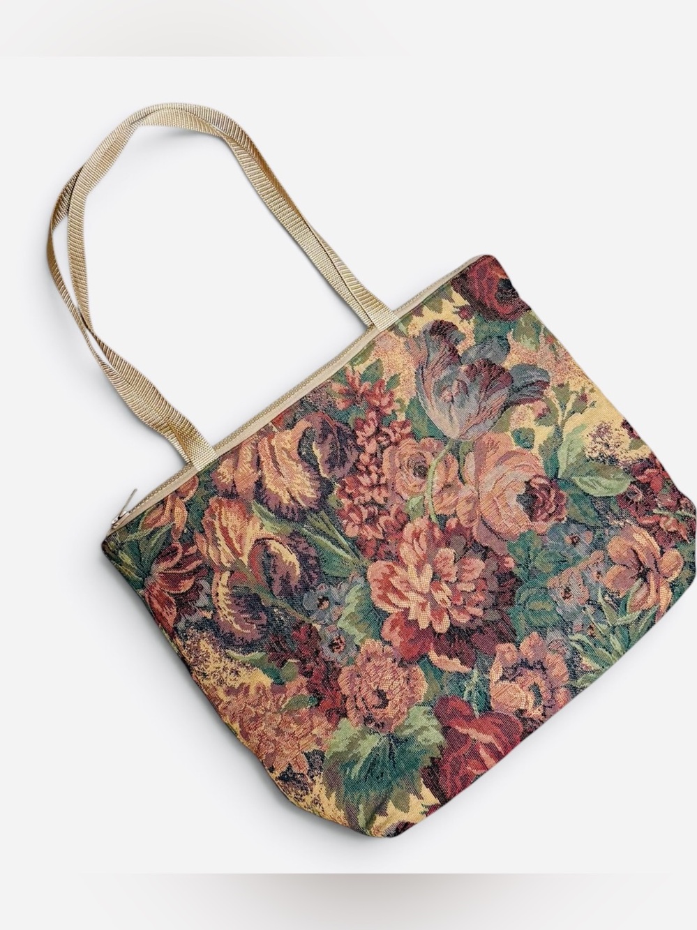 Large Floral Handmade Tapestry Tote Bag in Multicolor with zipper